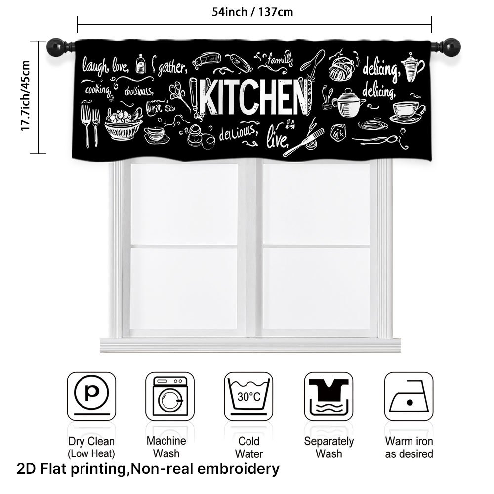 TEMU 2d Flat, 1pc Of Kitchen Words And Utensils Printed Kitchen Short Curtains Featuring, With A Rod Pocket For Convenient Use, Perfect For Kitchens,