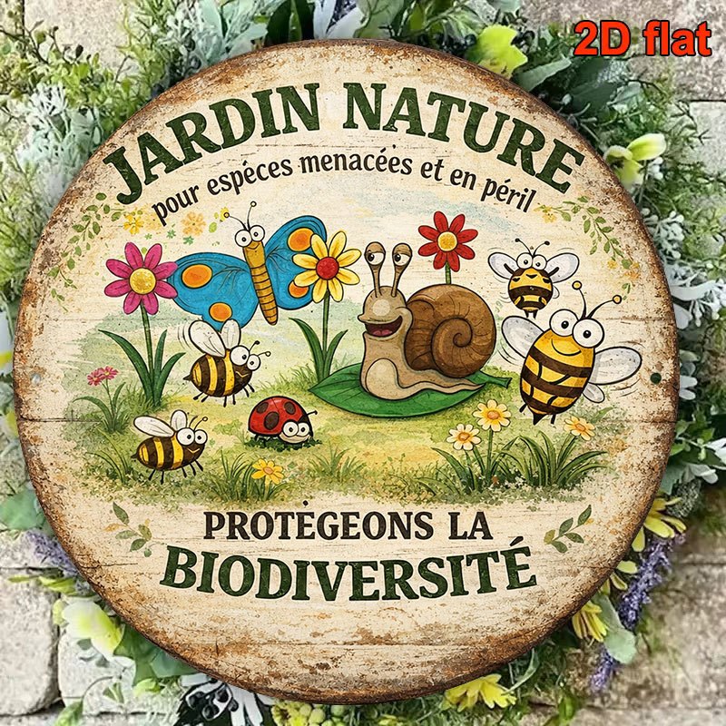 TEMU Plat 2D, 1 pièce, Panneau sur la et les en voie de disparition - Plaque "JARDIN NATURE" en français/anglais, Décoration murale ronde vintage à