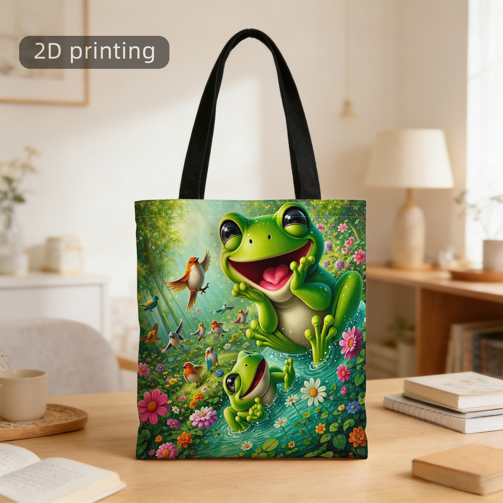 TEMU Borsa Tote Stampata 2D, Rane , Fiori Colorati, Uccelli, Verde, Foresta, Riutilizzabile, Elegante Borsa a Spalla, Borsa Tote, Borsa per , Adatta