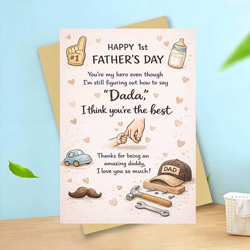 TEMU 1pc First Fathers Day Card From Baby Cute Theme New Dad Greeting With Hand Holding Illustration For Husband Partner Father Day Gift From Wife