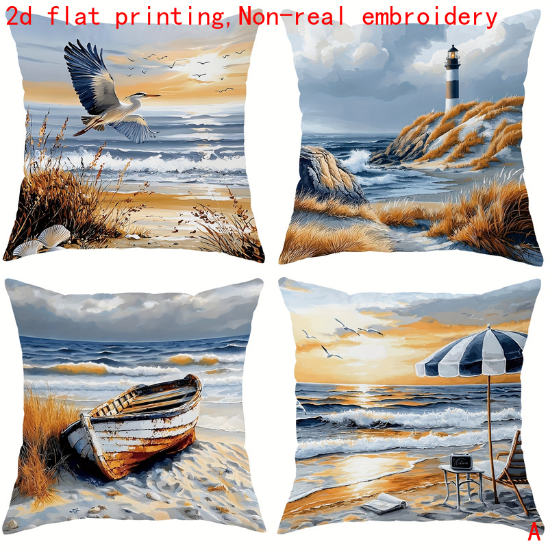TEMU 2d Flat - 4pcs, 2d Flat Printing, Coastal Scenery Printed Pillow Covers, Modern Fashion Decorative Pillowcases, Polyester Material, Multi-sizes,