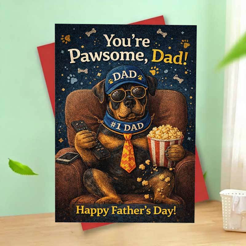 TEMU 1pc Dad Fathers Day Card Funny Dog Theme With Popcorn And Remote Cute Rottweiler Art Gift For Dad From Family For Fathers Day Birthday Or