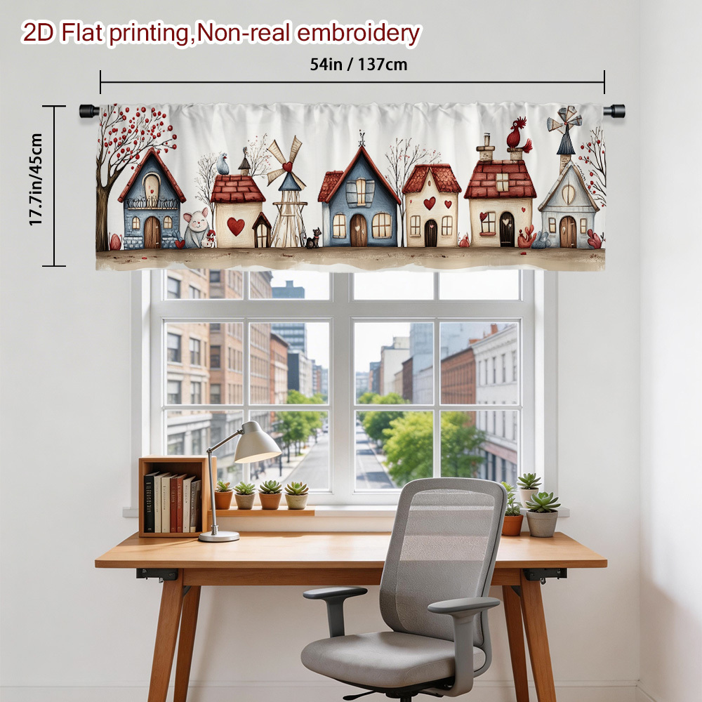 TEMU 2d Flat - 1pc 2d Flat Village Scene Printed Kitchen Short Curtains | Rod Pocket For Easy Hanging, Perfect For Room Types, Semi-sheer Polyester,