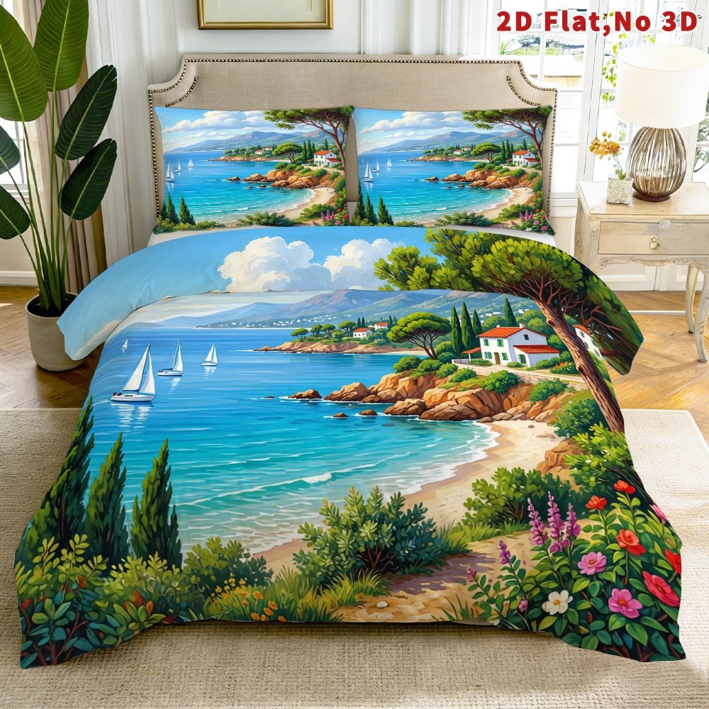 TEMU Latacaca 2d Flat Scenic Coastal Duvet Cover Set Multiple Sizes Easter Spring Suitable For Bedroom Guest Rooms All Ages Genders Comforter Cover
