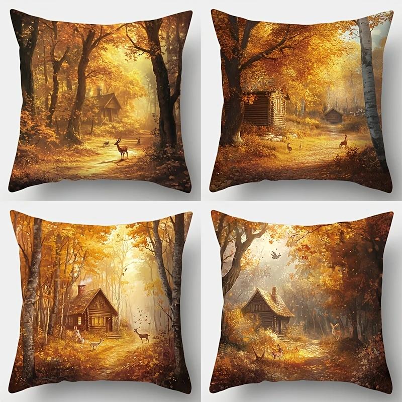 TEMU 4pcs Set, 2d Flat Printing, Autumn Forest Cabin Animals Pillowcase, Modern Fashion Decorative Pillow Cover, Polyester Material, Multiple Sizes,