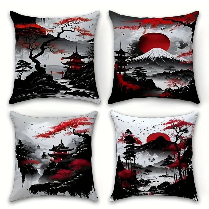TEMU 2D Plat - Lot de 4, Impression 2D Plate, Taies d'oreiller Paysage Japonais, Matériau Polyester, Multi-Tailles, Fermeture Éclair, Lavable en