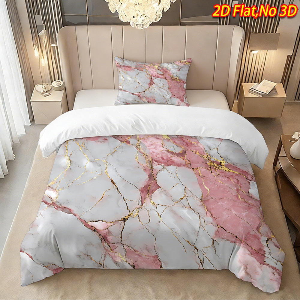 TEMU 2/3pcs 2d Flat Printing New Arrival Pink And Pattern With Golden Lines Duvet Cover Set, 100% Polyester Fiber Hd Digital Printing, Soft And