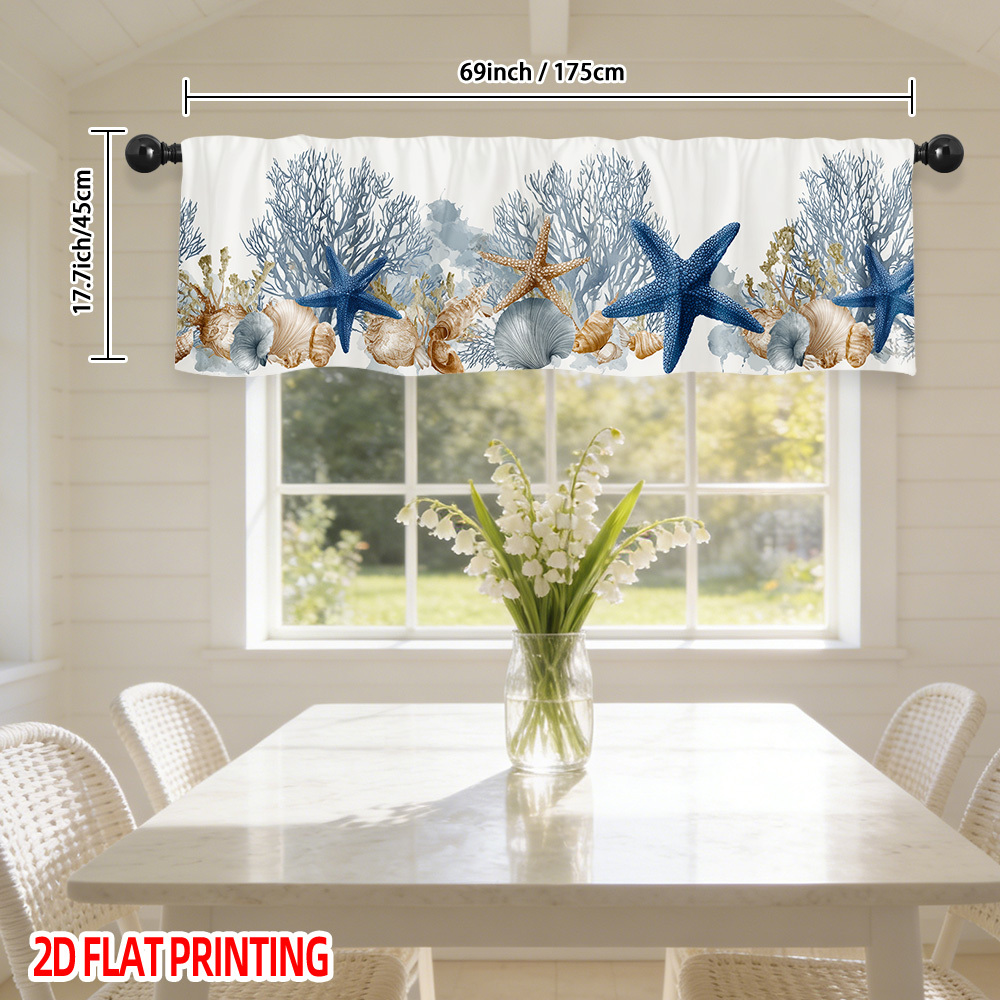 TEMU 2d Flat, 1pc Modern Semi-sheer Marine Starfish & Valance Window Curtain Panel - Rod Pocket Blinds Suitable, Bathroom, Living Room, Machine