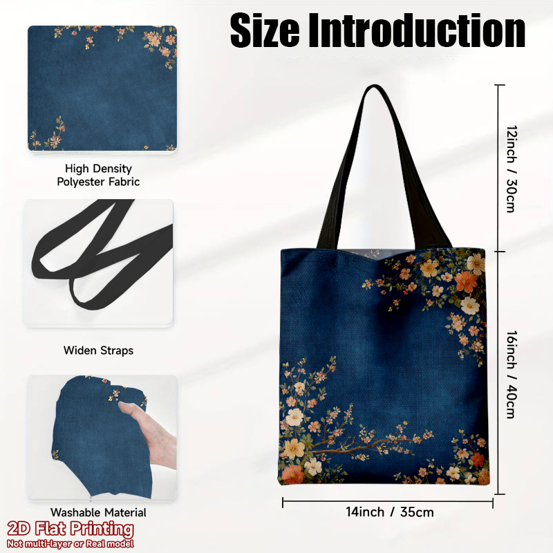 TEMU 1pc Large-capacity Foldable Handbag Suitable For &, Reusable Durable Polyester Tote With Floral Branch Print On Blue, Rectangular Shoulder Bag