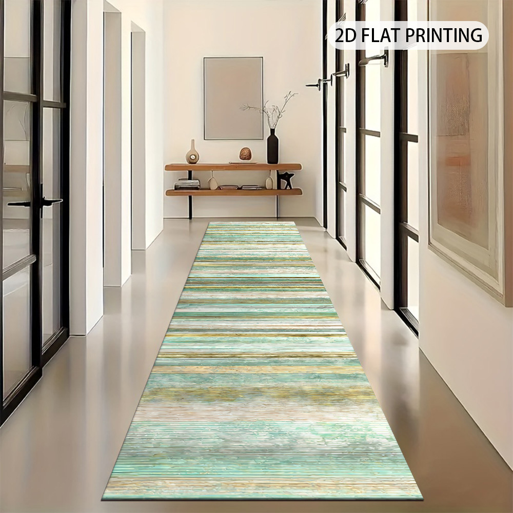 TEMU 1pc Modern Minimalist, Light Green Light Golden Vertical Stripe Long Runner Rug 2d Flat|soft Comfortable Velvet Material And Non-slip
