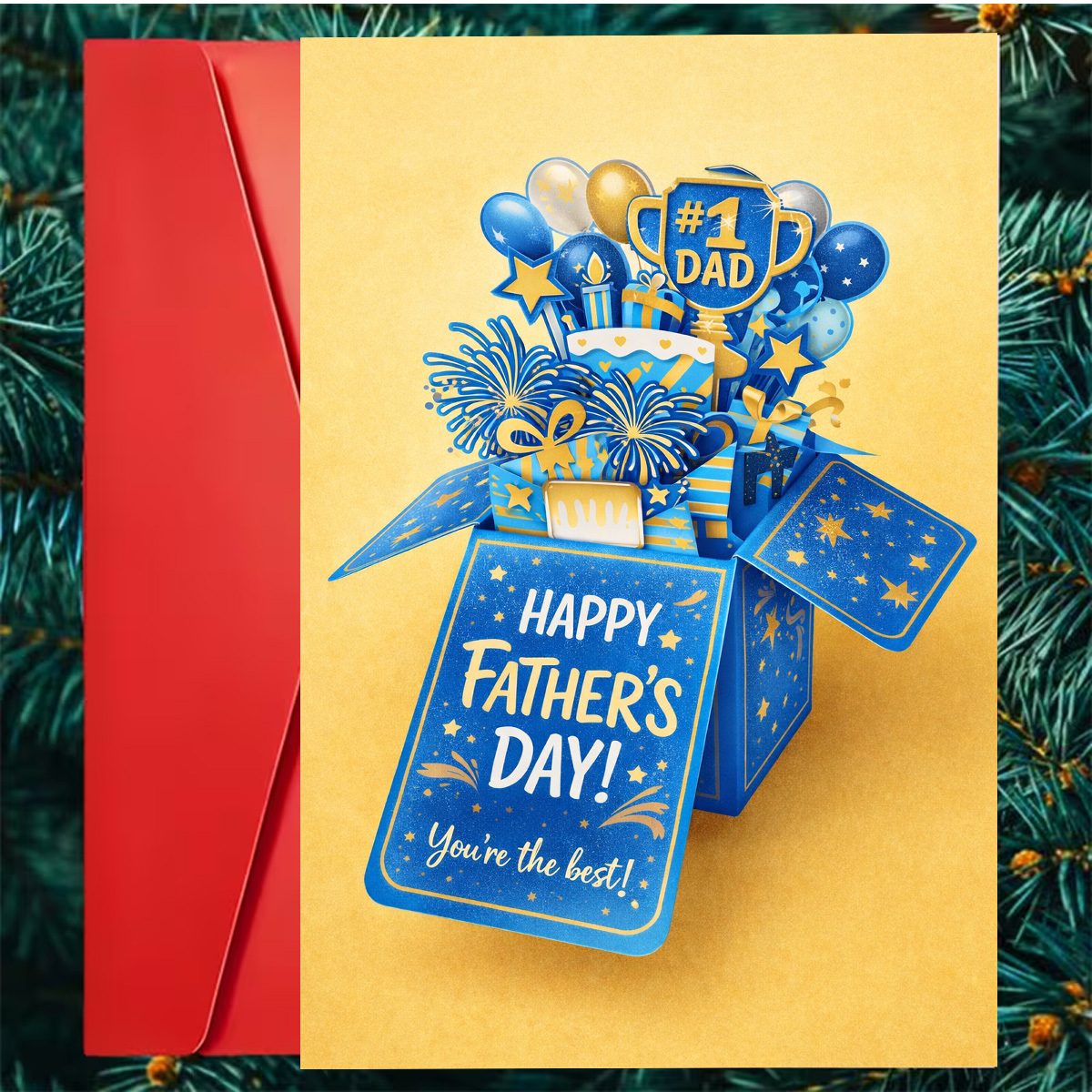 TEMU 1pc Festive Fathers Day Greeting Card, Blue Gift Box With Cake Balloons Stars Trophy Dad Text , Suitable For Dad, Fathers Day, And Celebratory,