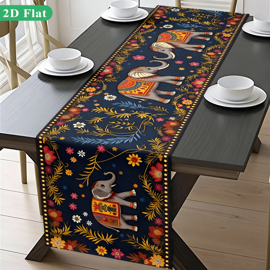 TEMU 2d Flat Tablecover 1pc, Indian Floral Decorated Elephants, Printed Table Runner, Decorative Polyester Rectangular Tablecloth For Indoor/outdoor