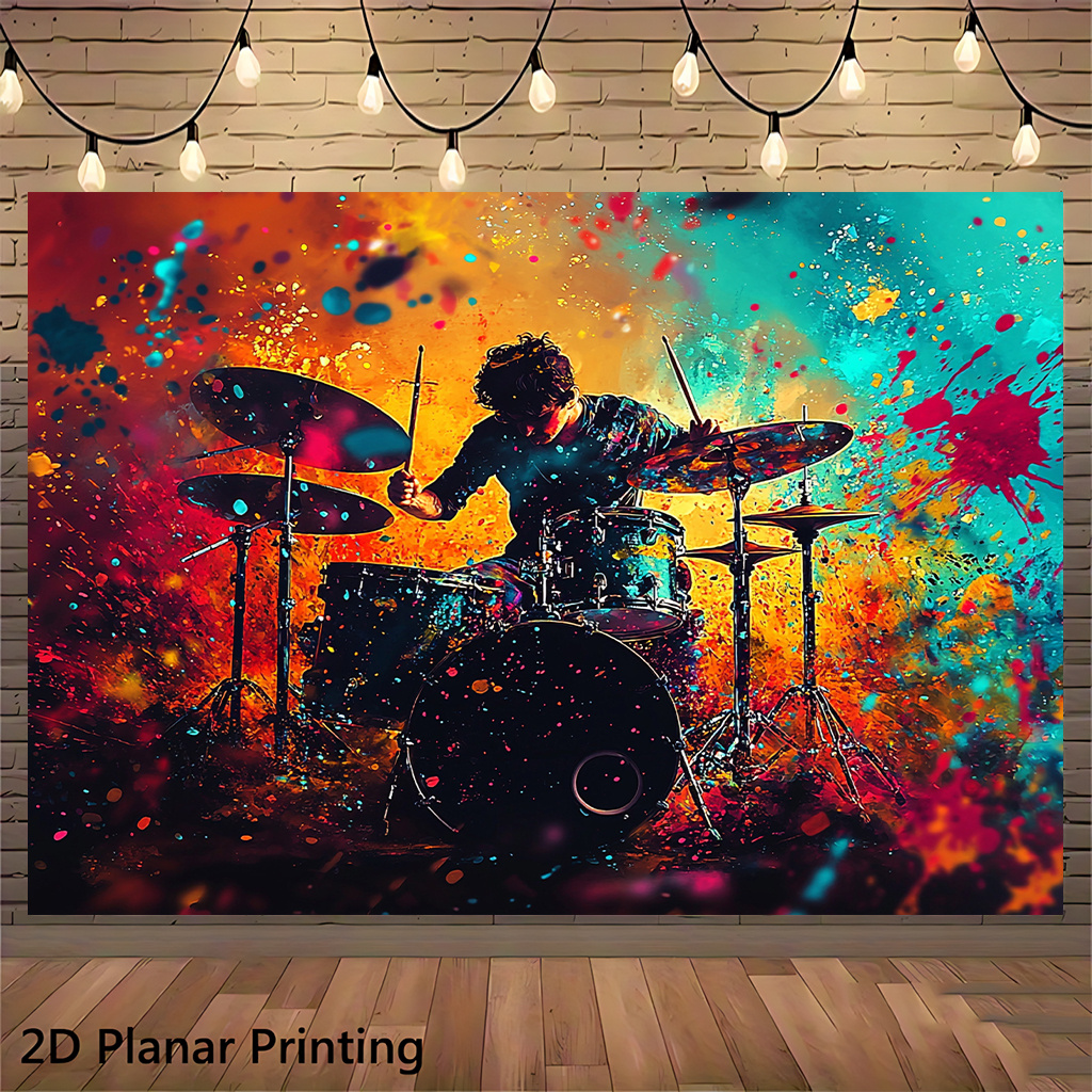 TEMU 2d Flat, 1pc 1pcs Drum-themed Wall Banner Suitable For Parties, Photo Backgrounds, - Square Drummer With Easy Setup, No Electricity, Fabric For