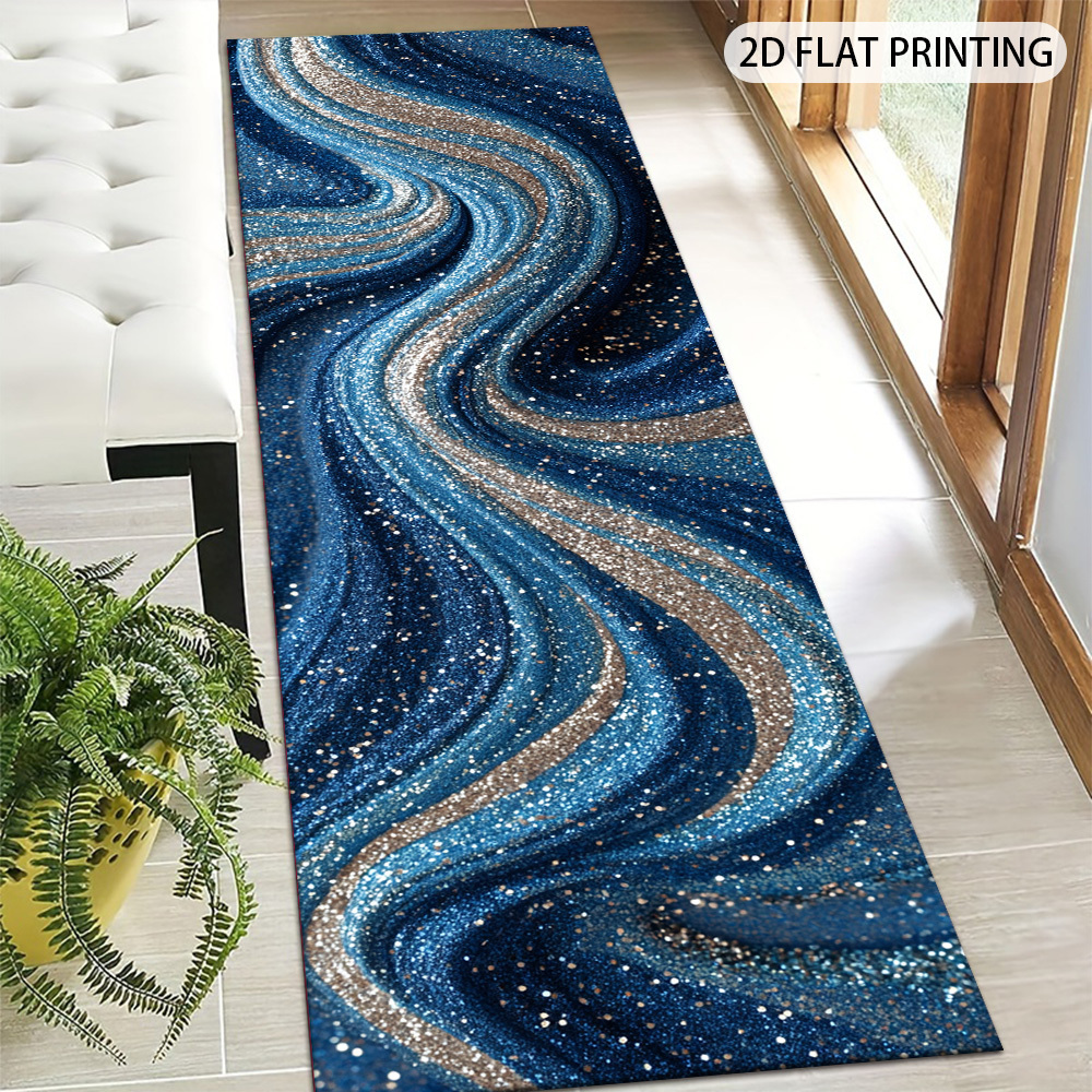 TEMU 1pc Luxury Blue & Golden Gradient Glitter Wavy Runner Rug - Soft Velvet Suitable For Hallway, Kitchen, Bedside, Machine Washable Non-slip Mat