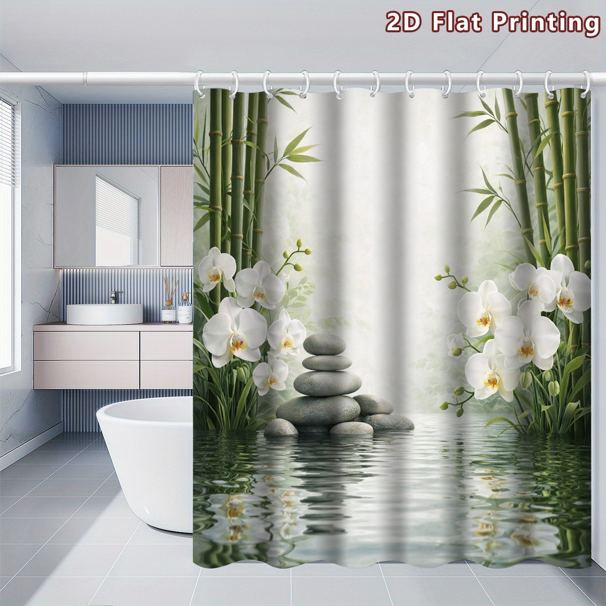 TEMU 2d Flat, 1pc 2d Flat Orchid And Zen Stones Shower Curtain, Bathroom Decor, Options (80x180cm, 120x180cm, 150x180cm, 180x180cm, 180x200cm,