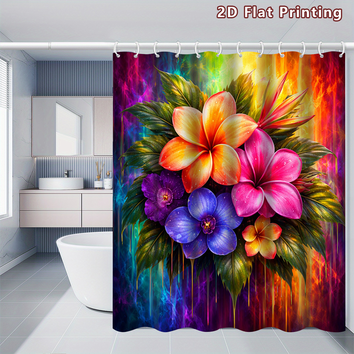 4pcs Tropical Flower Shower Curtain Set with Bath Mat