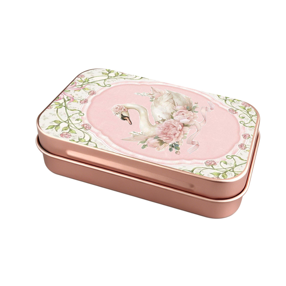 TEMU 1pc Pink Metal Tin Box, Mini Lidded Storage Bins With Swan & Floral Vintage Pattern, Storage Organizer, Ideal For Bedroom, Vanity, Desk, Cute