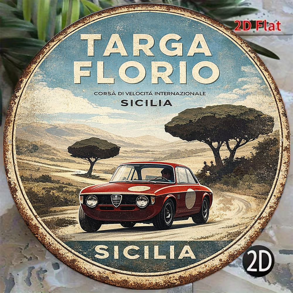 TEMU 2d Flat - 1pc 8x8in/20x20cm 2d Flat Round Sign, Vintage Plaque About "targa Florio Racing", "sicily Classic Car Rally" Decorative Sign, Suitable