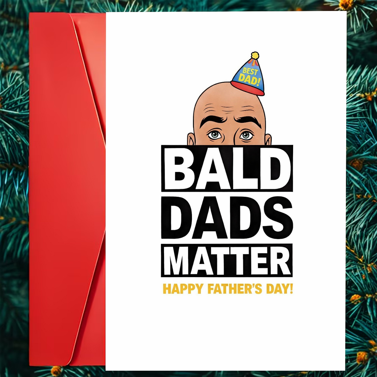 TEMU 1pc Funny Bald Dads Fathers Day Card, Bald Dads Happy Fathers Day, Cartoon Bald Dad With Party Hat And Black And Yellow Text, Ideal For Bald
