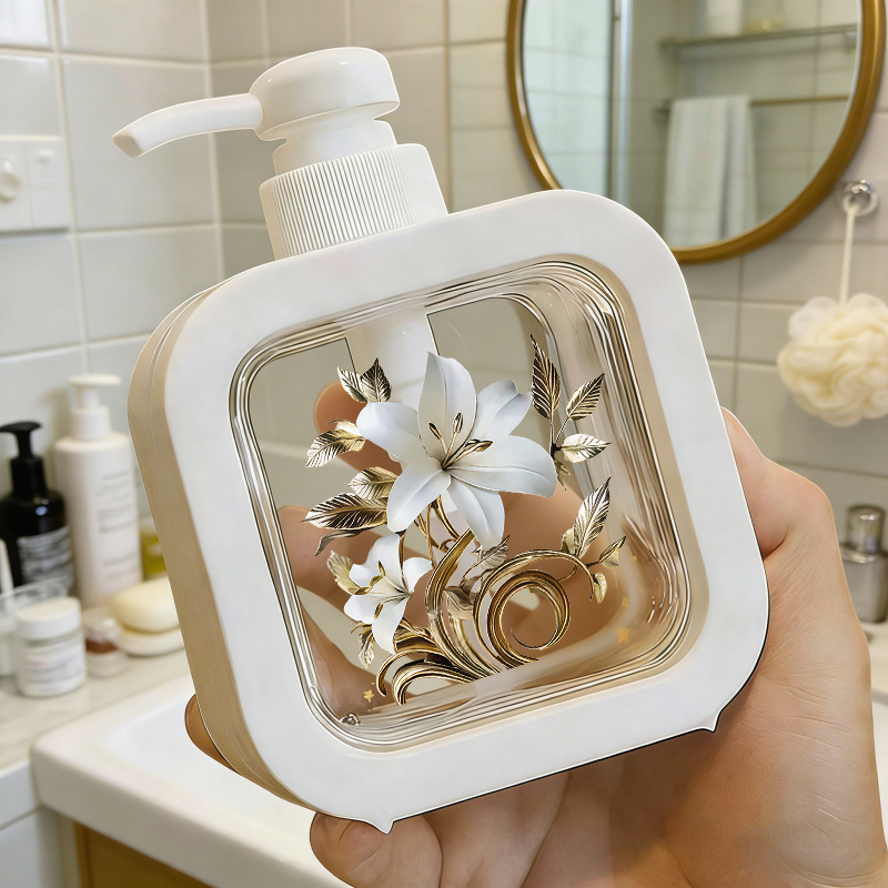 TEMU 1 Household Bathroom Dispenser, Soap And Lotion Pump Bottle, With And Pattern, Manual Pump Refillable Bottle, Made Of Sturdy Plastic, Reusable