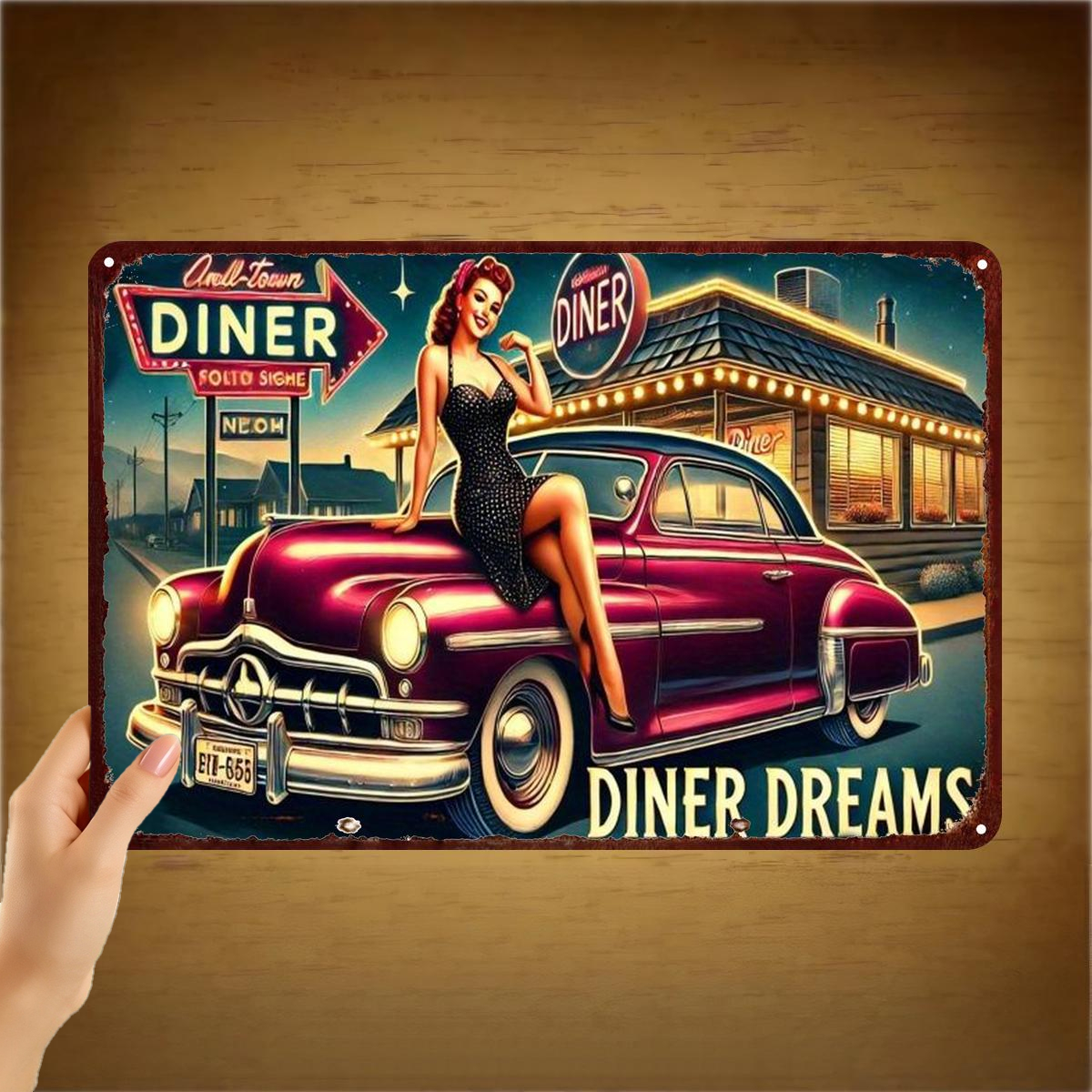 TEMU 2d Flat 1pc, "retro Diner : Vintage Car & Girl Metal Wall Art – Classic " 8×12 Inch