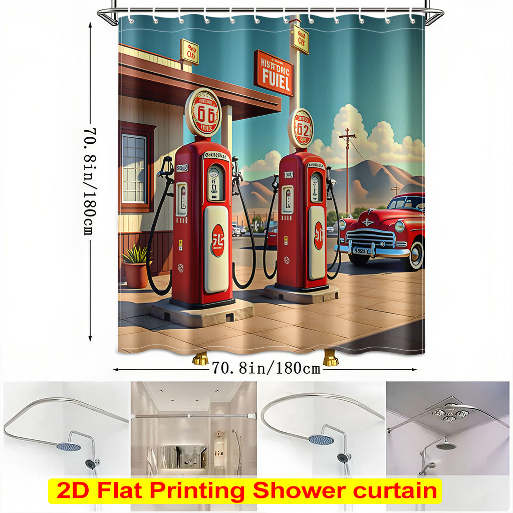 TEMU 2d Flat Printing Shower Curtain 1pc, Vintage Gas Station And Car Shower Curtain With 12 Hooks, No Drilling Required, Bathroom Partition Curtain,