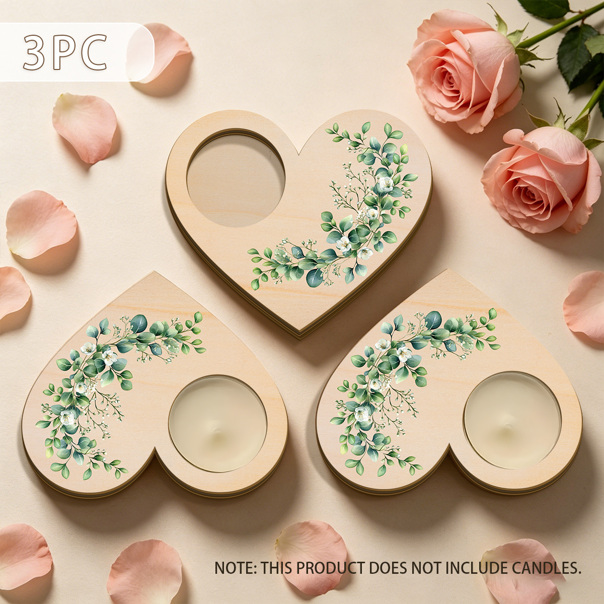 TEMU Set di 3 Portacandeline a Forma di Cuore con Foglie di Eucalipto (Candele Non Incluse), Regalo per . Legno Naturale con Stampa di Vegetazione ad