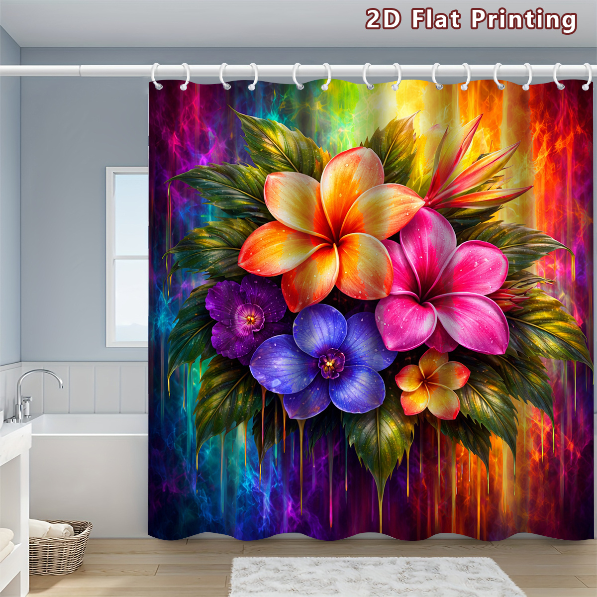 4pcs Tropical Flower Shower Curtain Set with Bath Mat