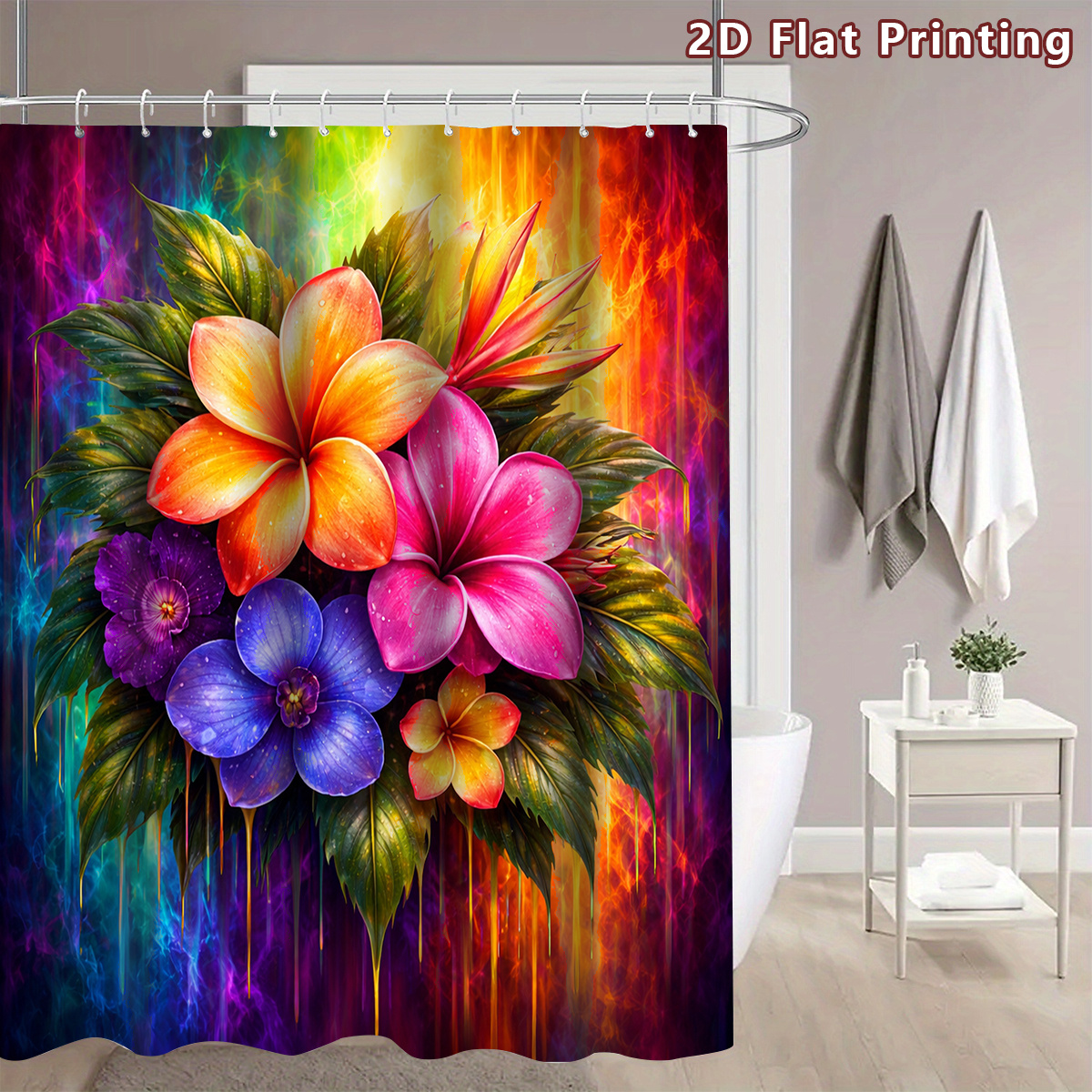 4pcs Tropical Flower Shower Curtain Set with Bath Mat
