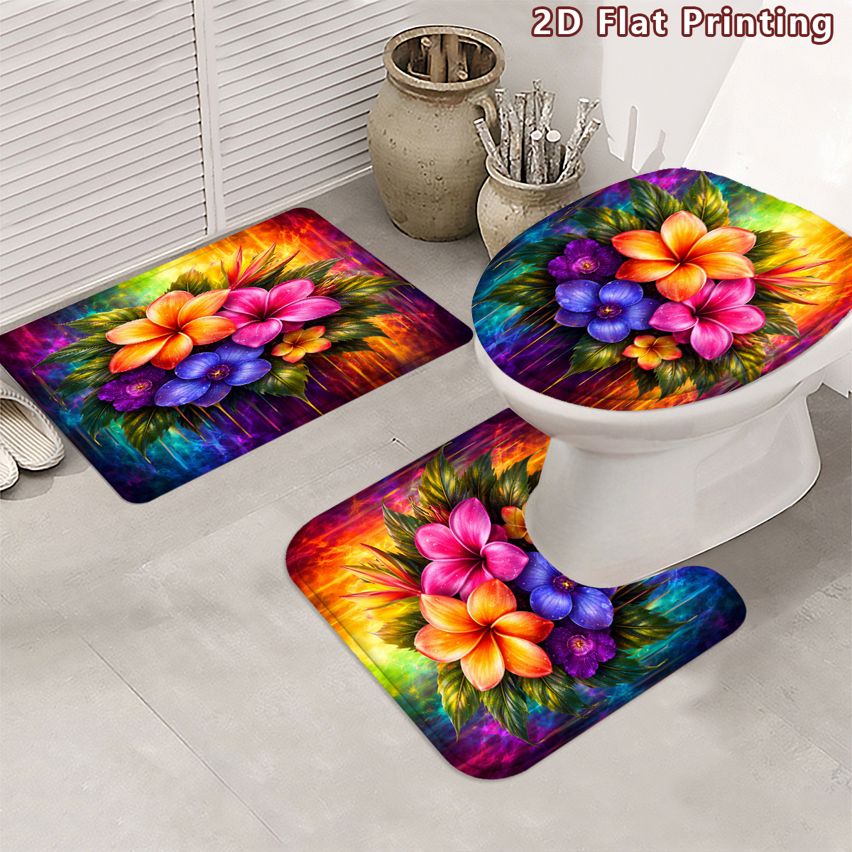 4pcs Tropical Flower Shower Curtain Set with Bath Mat