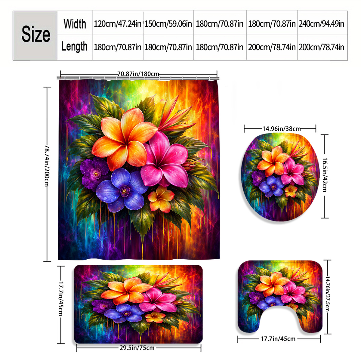 4pcs Tropical Flower Shower Curtain Set with Bath Mat