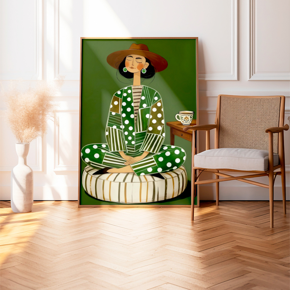 TEMU 2d Flat, 2d Flat [jit]1pcs, Frameless Canvas Painting, Green Polka Dot Hat Sitting Lady.wall Decoration Materials, Living Room, Bedroom, Home