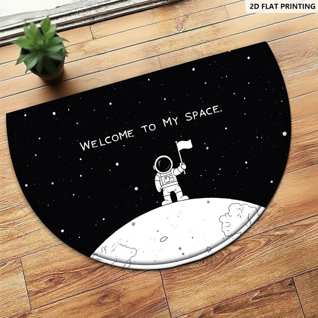 TEMU Product: 2d Flat Print Semicircular Doormat, Space-themed Black And White Minimalist Pattern Printed Entrance Mat. The Design Features An