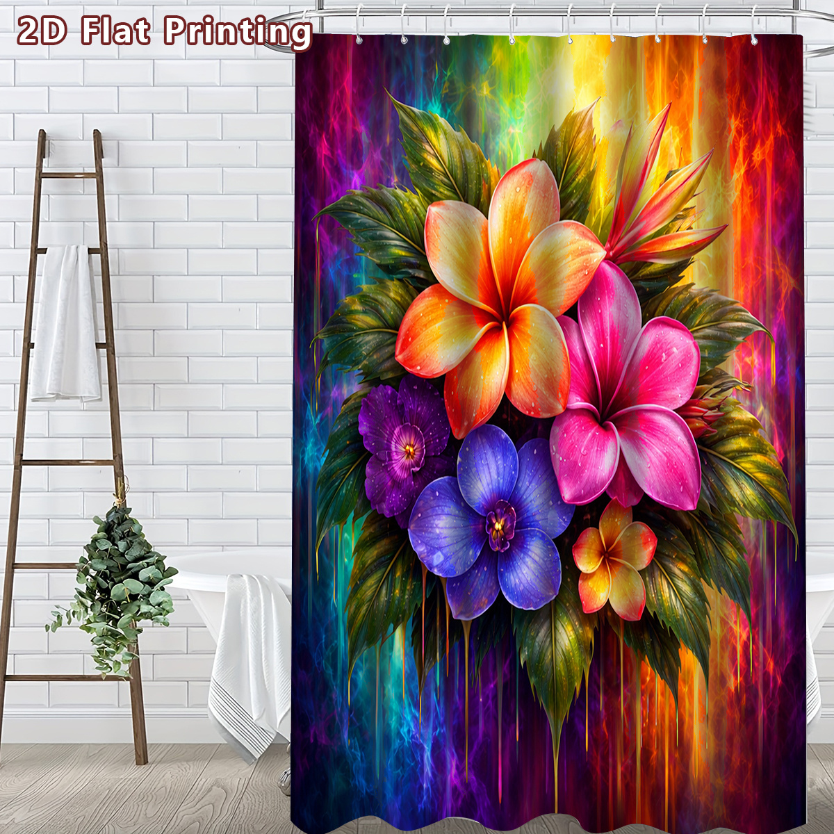 4pcs Tropical Flower Shower Curtain Set with Bath Mat