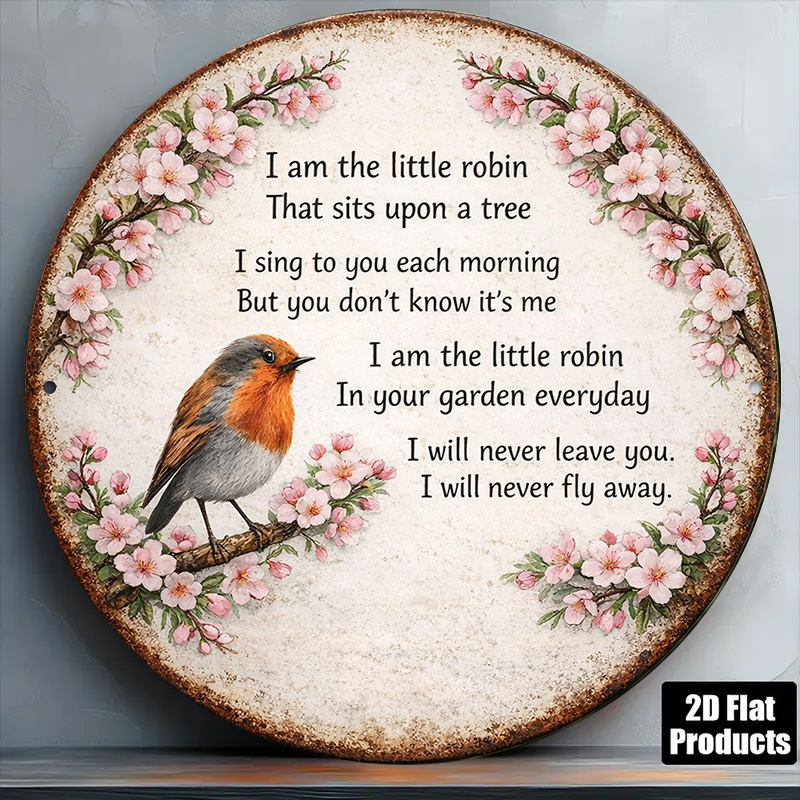 TEMU 2d Flat, 1pc Robin Memorial Poetry Vintage Round Wooden Decorative Plaque Suitable For Garden, Terrace, Memorial Corner, , And As A Comforting