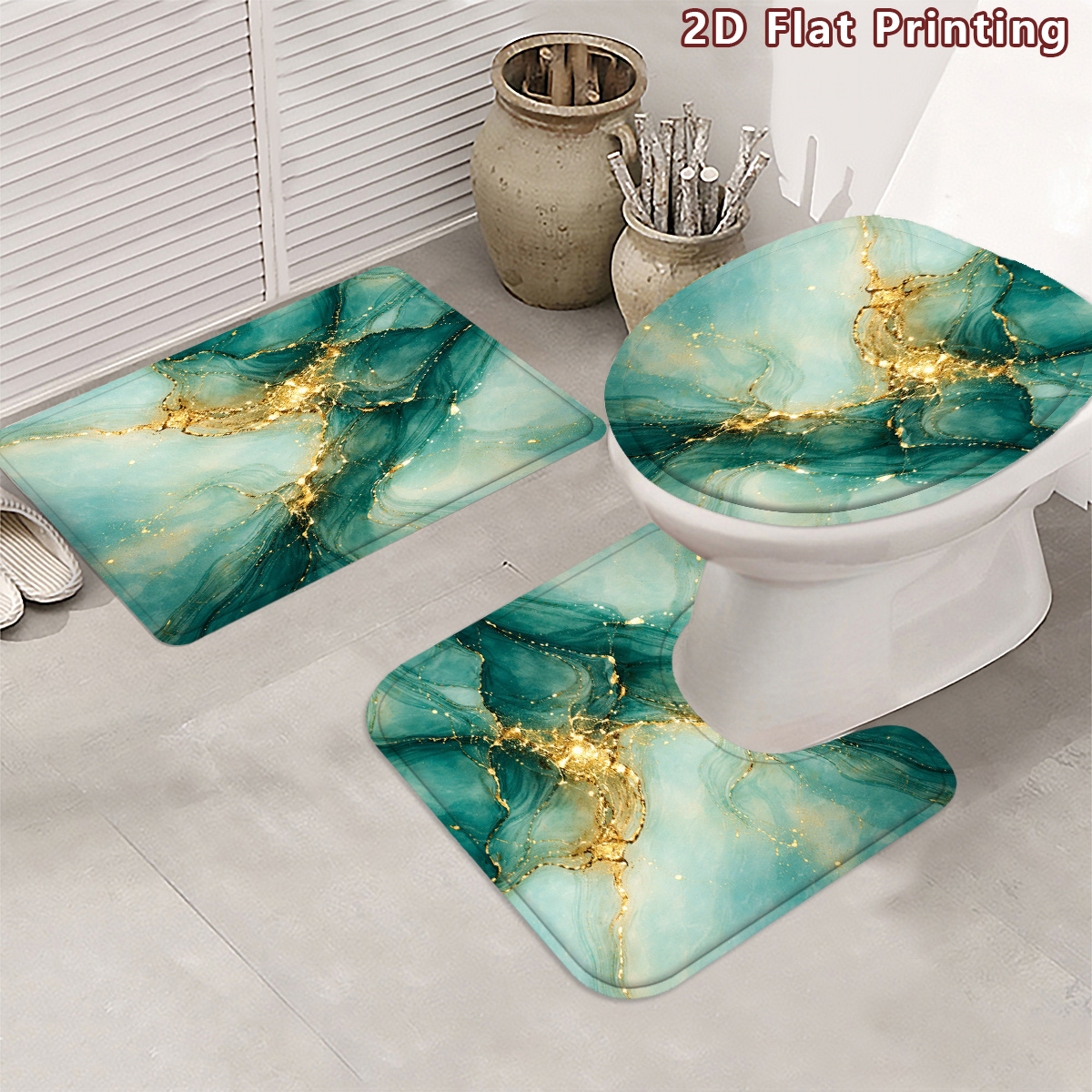 4pcs 2D Flat Abstract Marble Shower Curtain Set with Bath Mat