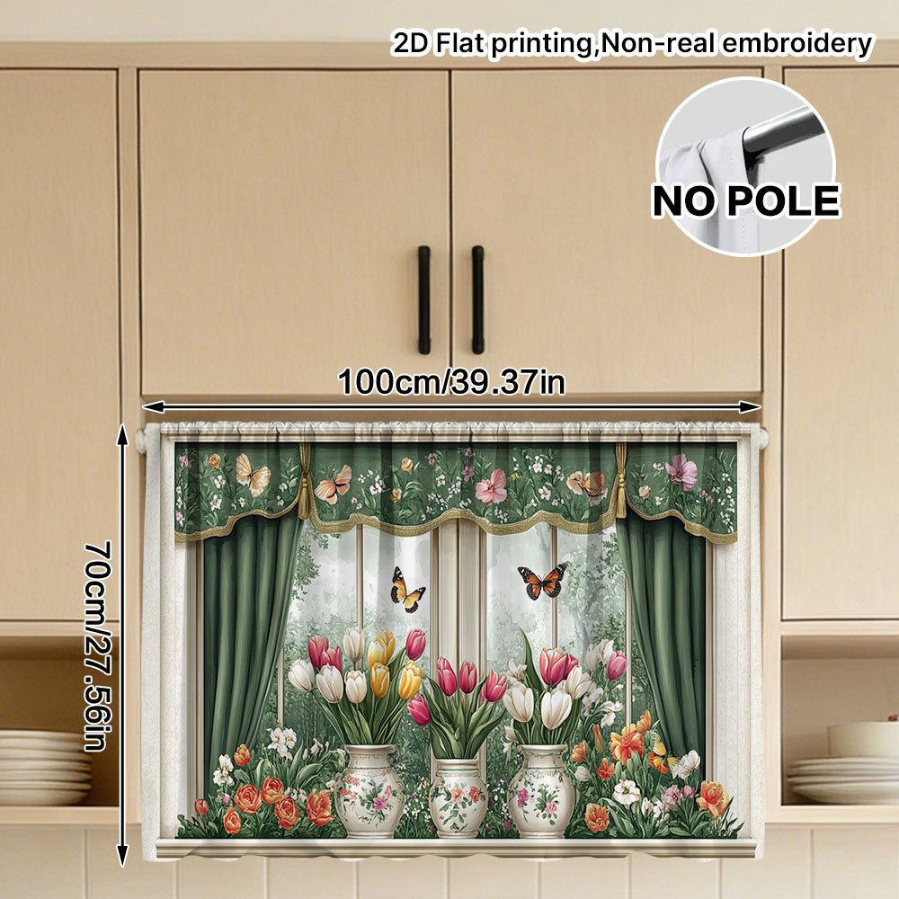 TEMU 2d Flat - 2d Flat - 1pc Cabinet Curtain - Butterflies And Tulip Garden Pattern Portable Hanging Structure, Easy Assembly, Washable, Reliable