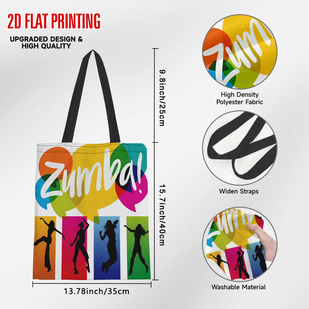 TEMU 2d Flat 1pc Zumba Dance Colorful Pattern Printed Reusable Grocery Bags - Spacious And Durable, With Large Storage Capacity For Daily Necessities