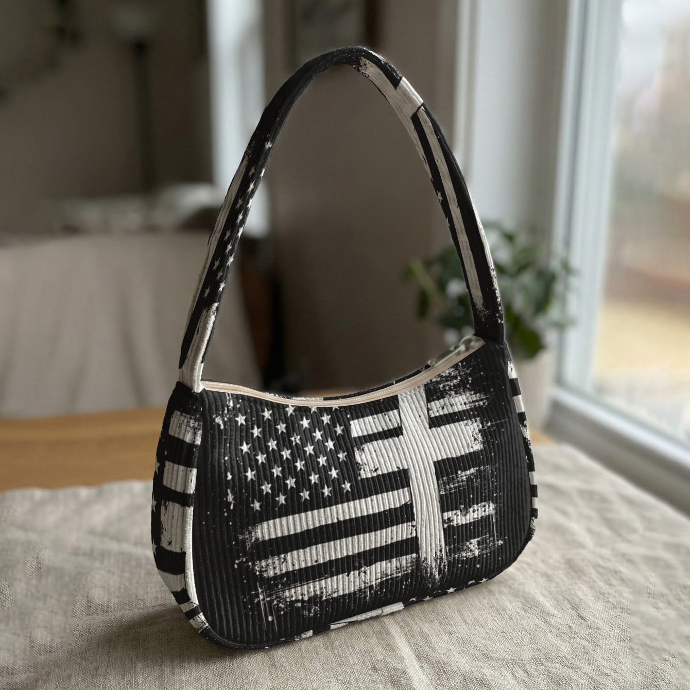 TEMU American Flag Pattern 2d Printed Unique Single-shoulder Bag, Soft Corduroy + Portable Size | Dual-use As A Shoulder/underarm Bag | Perfect For