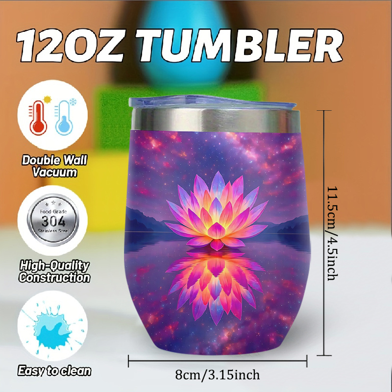 TEMU 1pc 12oz Stainless Steel Insulated Tumbler With Lid - Vacuum Travel Coffee Mug With Lotus Theme Design, Gift For Meditation, Yoga, Spa, Office,