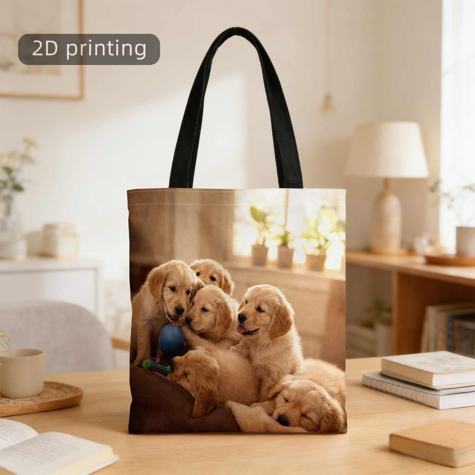 TEMU Borsa tote stampata 2D 1 pz, Cuccioli di Golden Retriever, Palla blu, interno, , Luce solare, Riutilizzabile, Borsa a spalla elegante, Borsa