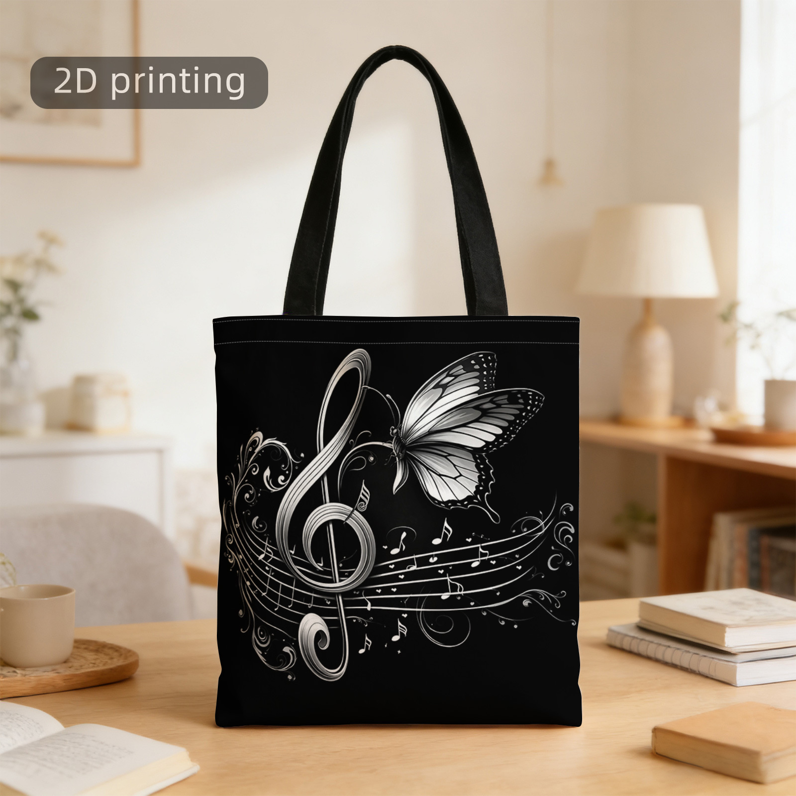 TEMU 1pc 2d Printed Tote Bag, Music, Treble Clef, , Notes, Swirls., Reusable, Stylish Shoulder Bag, Tote Bag, Shopping Bag, Suitable For Shopping,