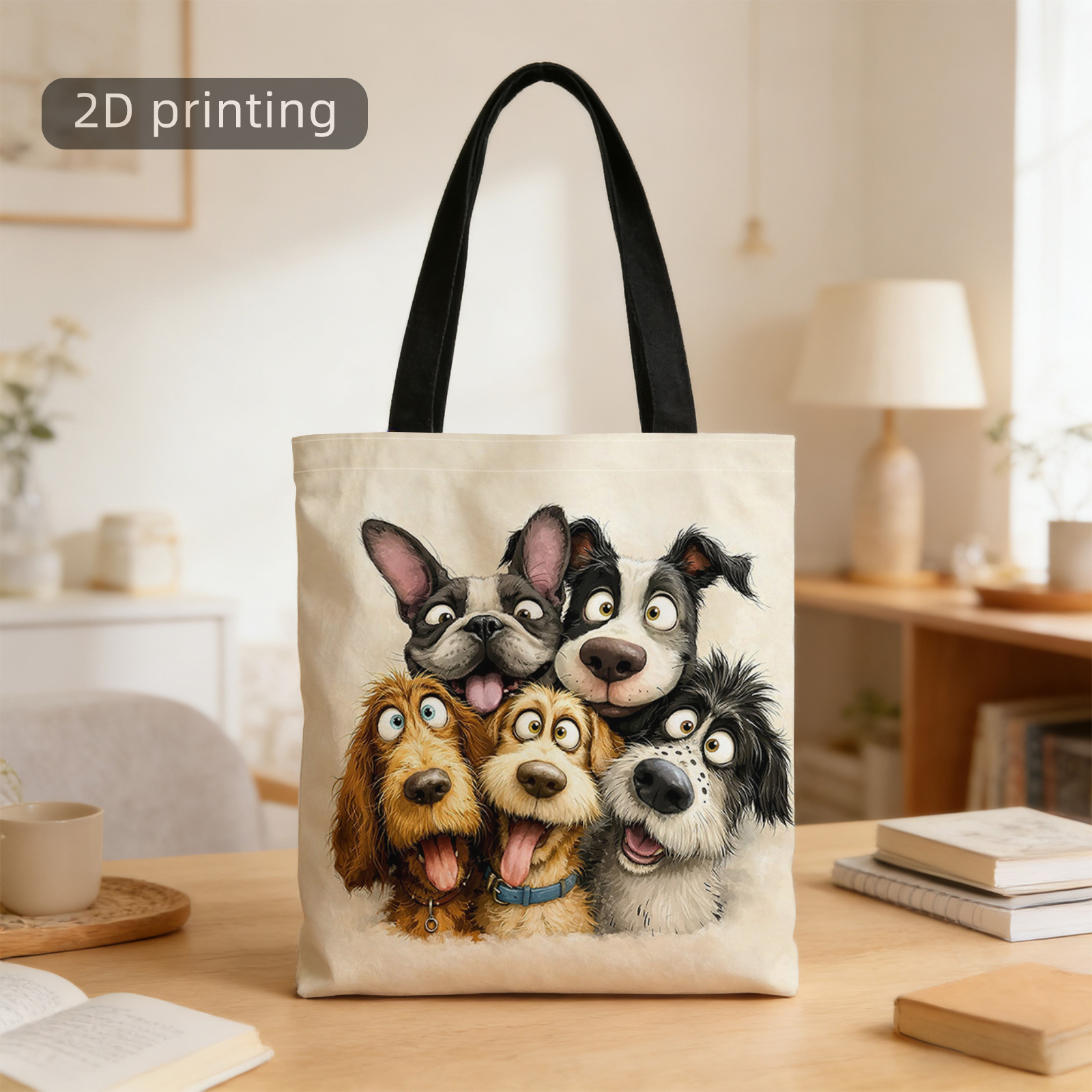 TEMU 1pc 2d Printed Tote Bag, Cartoon Dogs, , Diversity, Happy, , Reusable, Stylish Shoulder Bag, Tote Bag, Shopping Bag, Suitable For Shopping,