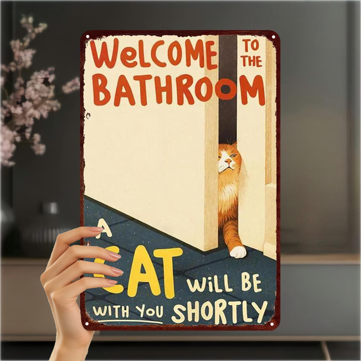 TEMU Piatto 2D, 1 pz Piatto 2D, "Benvenuti in Bagno �� Un Gatto Sar� Presto " Targa in Metallo Stile Vintage Decorazione 8�12 Pollici, Piatto 2D