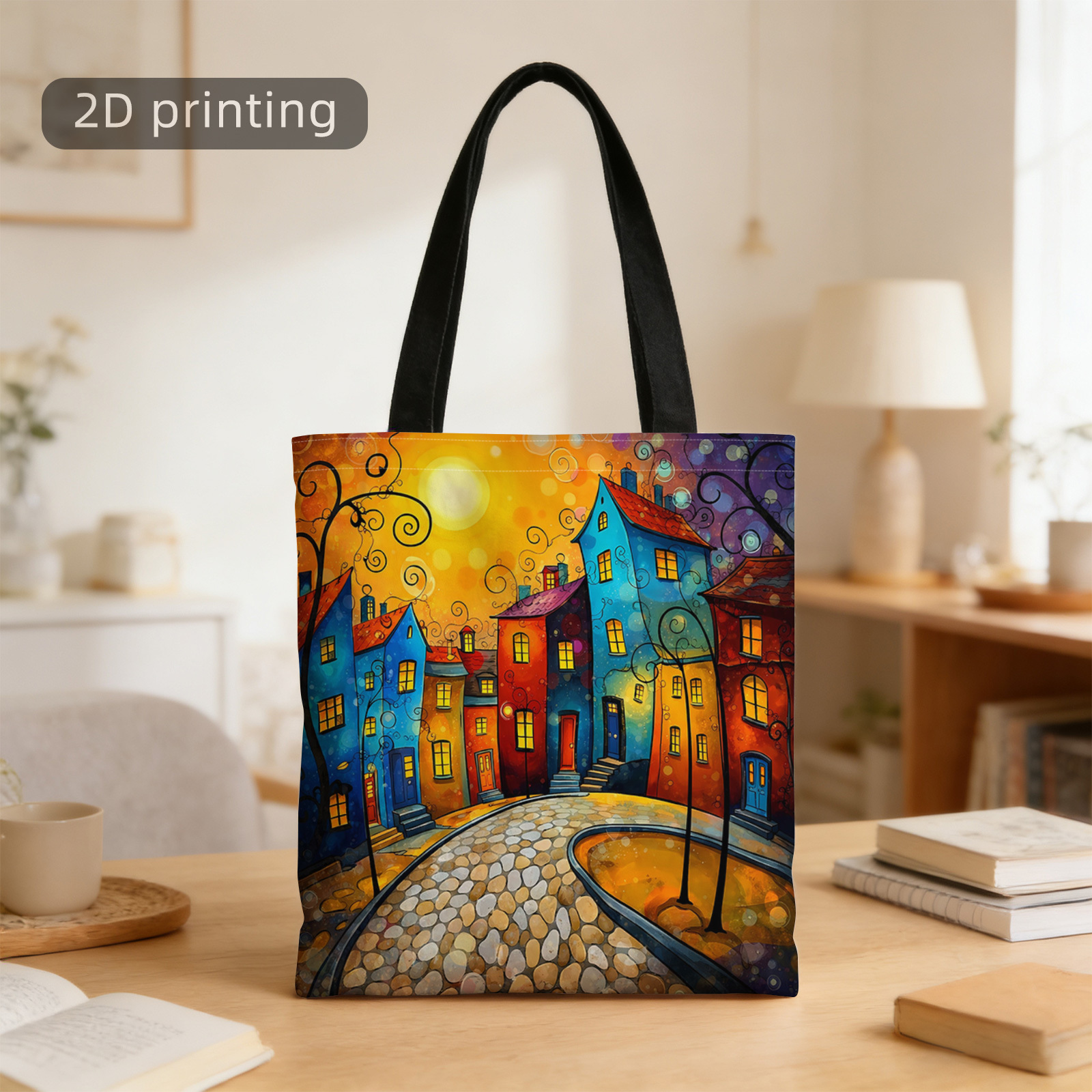 TEMU Borsa Tote Stampata 2D, Case Colorate, Fantasiosa, Curva, Sole , , Riutilizzabile, Elegante Borsa a Spalla, Borsa Tote, Borsa per , Adatta per