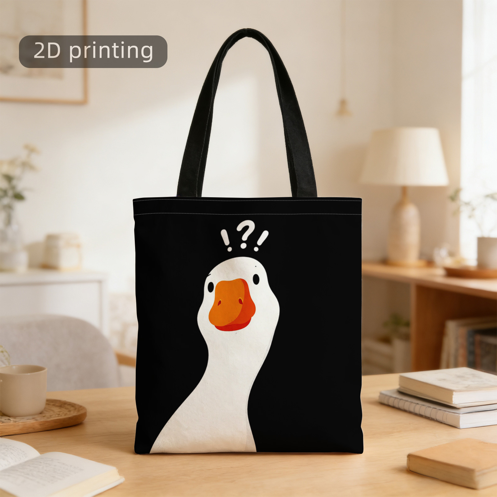 TEMU 2d Printed Tote Bag, And , , Black Background, Cartoon Style, Reusable, Stylish Shoulder Bag, Shopping Bag, Suitable For Shopping, Office,