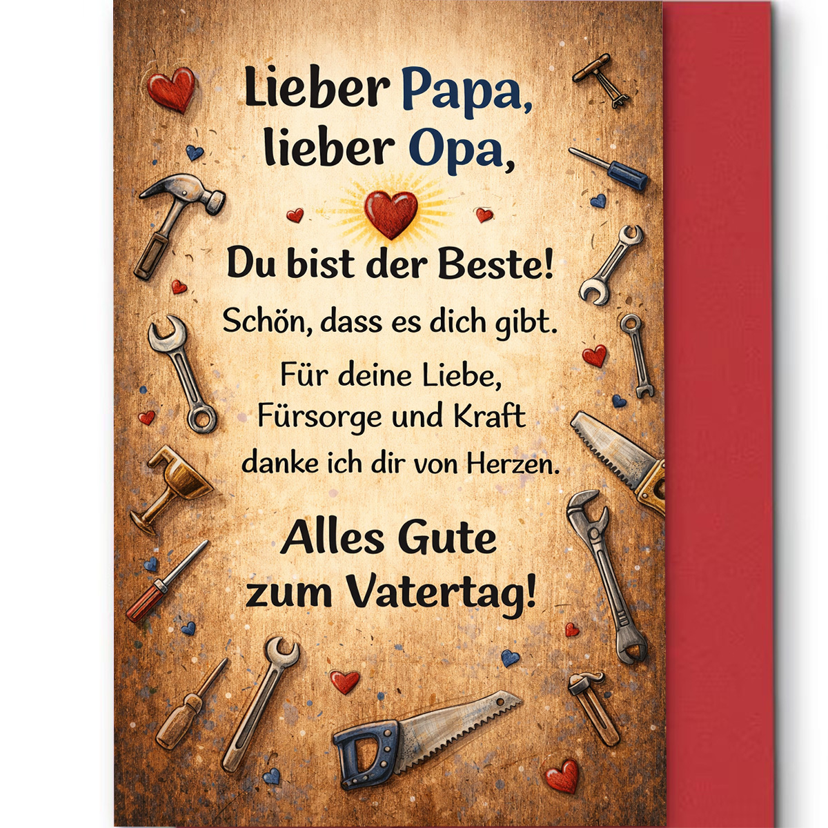 E-shop Herzergreifende Vatertags-Grußkarte, Werkzeuge Herzen mit herzlichem deutschem Text „Du bist der Beste“, für Papa oder Opa, rustikale