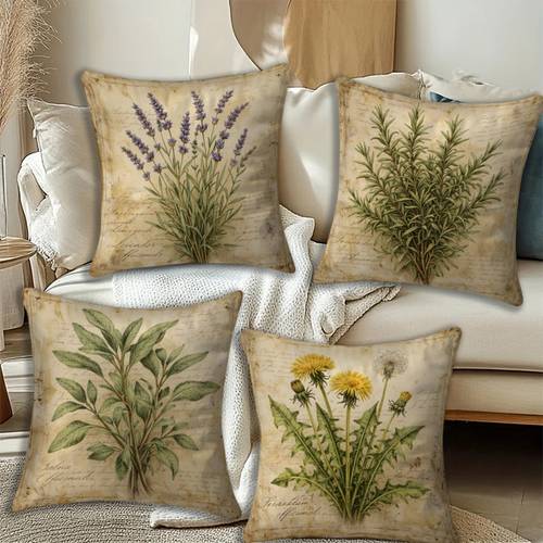 2d flat set of 4 2d flat printing vintage hand drawn botanical herb print pillow covers made of polyester in multiple sizes machine washable for outdoor indoor decor suitable for bedroom living room sofa and bed decoration