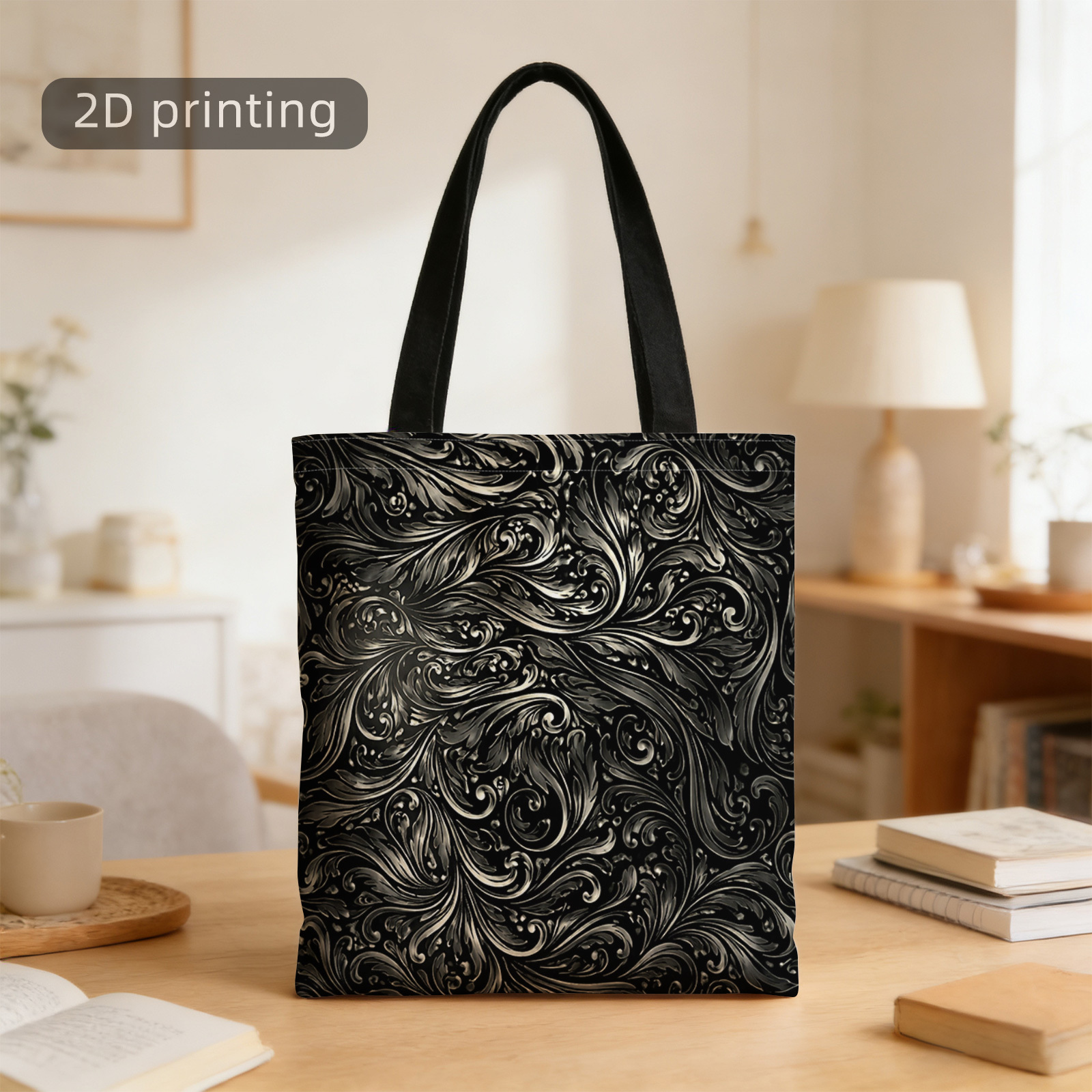 TEMU 2d Printed Tote Bag, Intricate, Monochrome, Design, Metallic , Floral Pattern, Reusable, Stylish Shoulder Bag, Tote Bag, Shopping Bag, Suitable