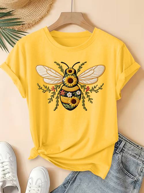 2026 /verano nueva camiseta de mujer de cuello estilo abeja estampado de de manga corta, top casual estilo retro desgastado, ropa de mujer calidad de | diseño divertido y | para